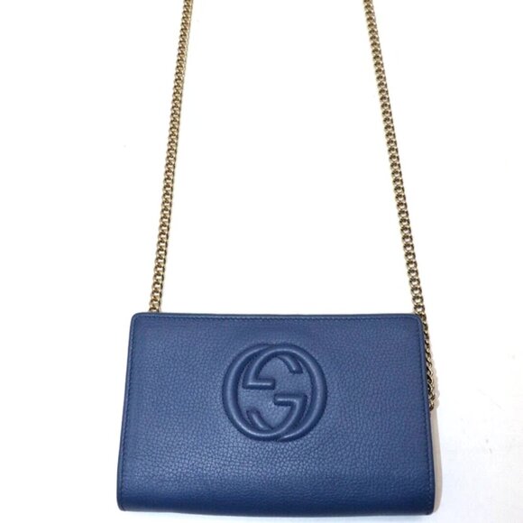 Gucci Grained Leather Soho Wallet Chain Bag - Blue - Picture 1 of 14